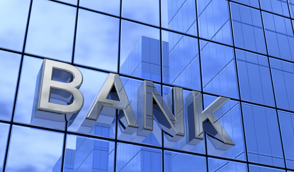 Ein Bank Gebäude, Fokus liegt auf dem Bank Zeichen
