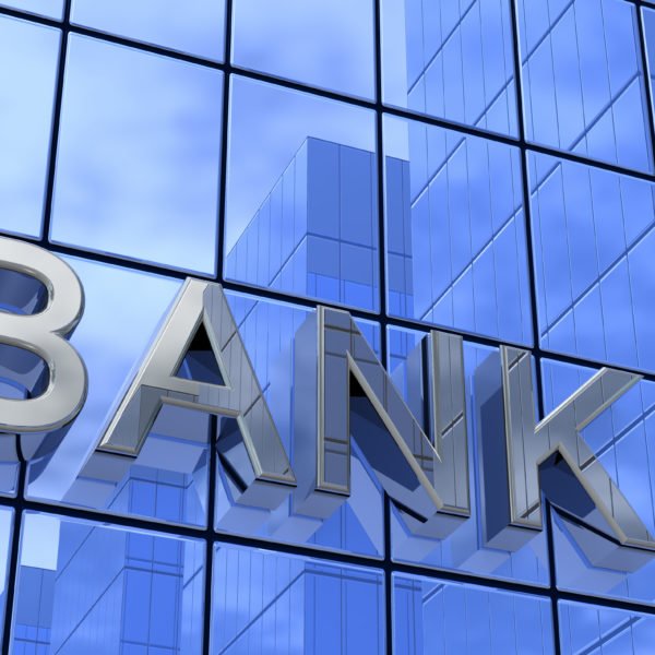 Ein Bank Gebäude, Fokus liegt auf dem Bank Zeichen