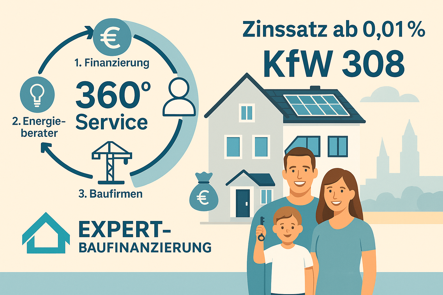 Illustration zeigt den 360-Grad-Service von Expert-Baufinanzierung mit den Schritten Finanzierung, Energieberater, Baufirmen und Projektabschluss. Rechts im Bild eine Familie vor einem modernen Haus mit Solaranlage und dem Hinweis „Zinssatz ab 0,01 % – KfW 308“. Illustration zeigt den 360-Grad-Service von Expert-Baufinanzierung mit den Schritten Finanzierung, Energieberater, Baufirmen und Projektabschluss. Rechts im Bild eine Familie vor einem modernen Haus mit Solaranlage und dem Hinweis „Zinssatz ab 0,01 % – KfW 308“.