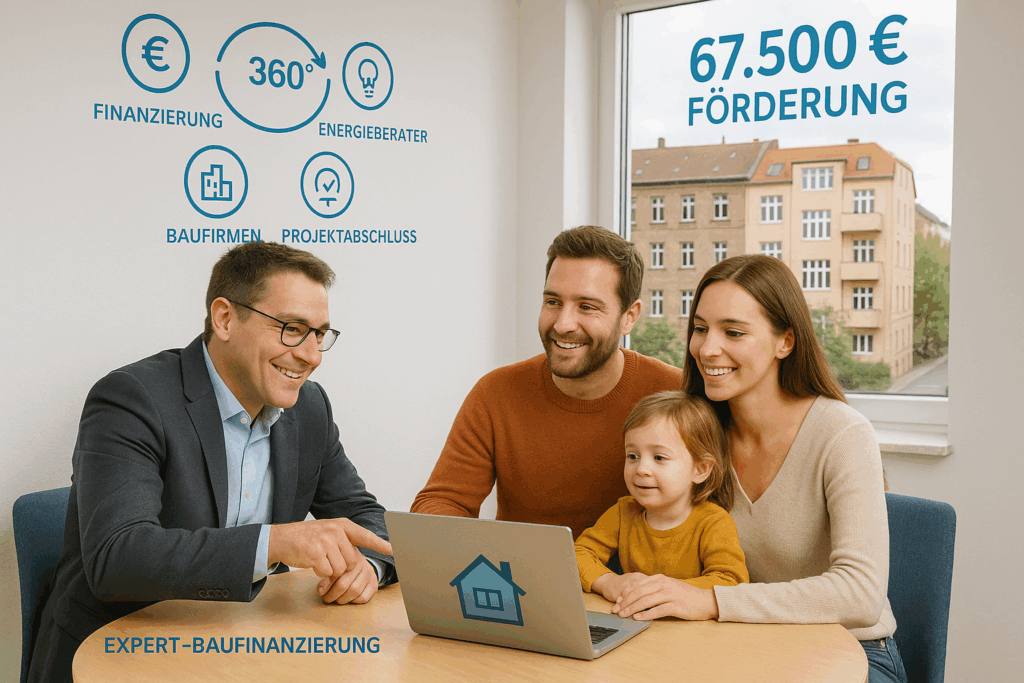 Visualisierung des Expert-Baufinanzierung 360-Grad-Services: Die Verbindung zwischen Finanzierung, Energieberatung und Bauunternehmen in Magdeburg. Sparen Sie Zeit und Geld bei der Sanierung.