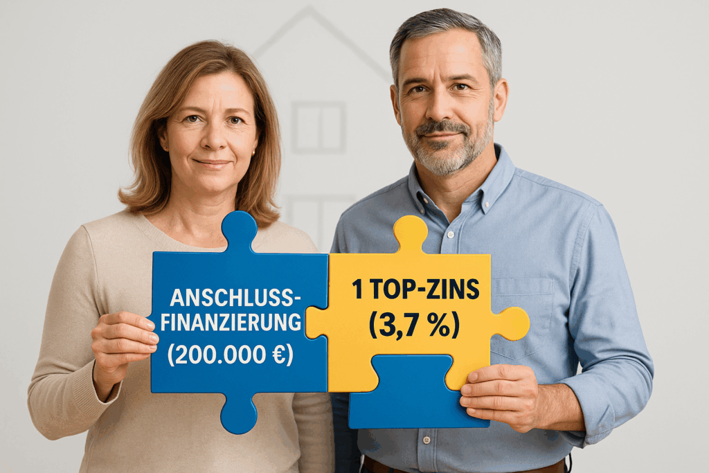 Mann und Frau um die 45 Jahre halten zwei große Puzzleteile: „Anschlussfinanzierung (200.000 €)“ und „Modernisierung (50.000 €)“. Beide greifen perfekt ineinander und ergeben gemeinsam „1 Top Zins (3,7 %)“. Heller Hintergrund mit stilisiertem Haus-Umriss.