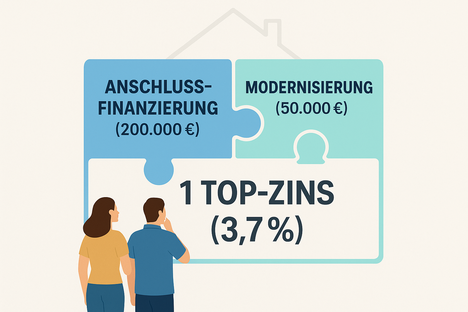 Infografik mit zwei Puzzleteilen: Links „Anschlussfinanzierung (200.000 €)“, rechts „Modernisierung (50.000 €)“. Beide greifen ineinander und formen einen Block mit „1 Top Zins (3,7 %)“. Im Hintergrund ein stilisierter Hausumriss.