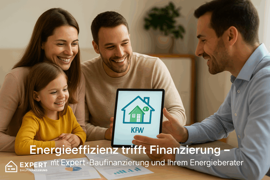 Junge Familie sitzt mit Energieberater an einem Tisch und schaut auf ein Tablet mit einem Haus-Symbol und KfW-Logo. Auf dem Tisch liegen Finanzierungsunterlagen. Text im Bild: „Energieeffizienz trifft Finanzierung – mit Expert-Baufinanzierung und Ihrem Energieberater.“ Junge Familie sitzt mit Energieberater an einem Tisch und schaut auf ein Tablet mit einem Haus-Symbol und KfW-Logo. Auf dem Tisch liegen Finanzierungsunterlagen. Text im Bild: „Energieeffizienz trifft Finanzierung – mit Expert-Baufinanzierung und Ihrem Energieberater.“