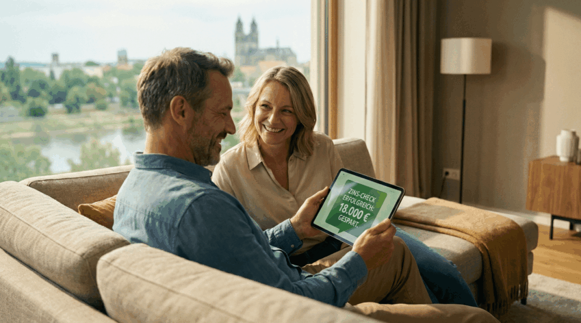 Paar spart durch Zinsvergleich beim Forward Darlehen viel Geld - visualisiert auf einem Tablet