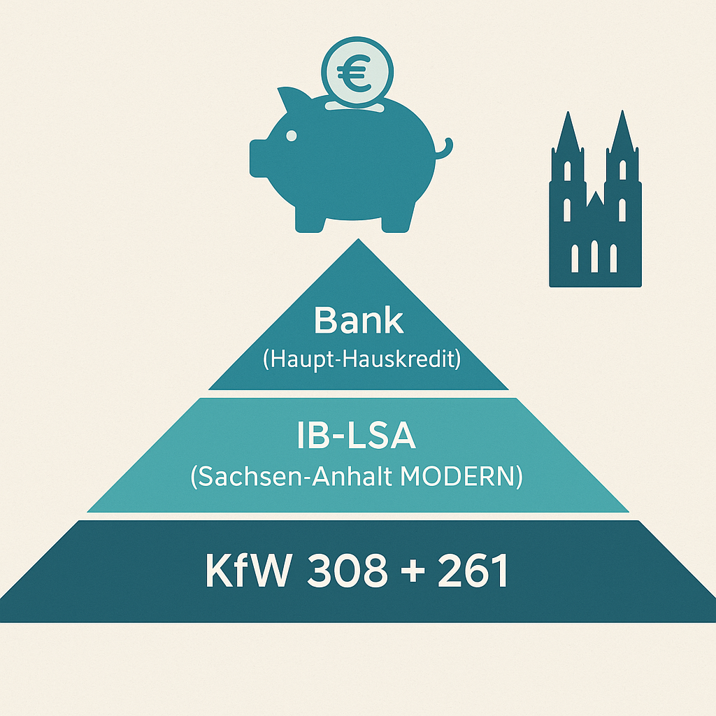 Infografik zeigt eine Förder-Pyramide für den Hauskauf in Magdeburg mit drei Ebenen: unten KfW 308 + 261, in der Mitte IB-LSA (Sachsen-Anhalt MODERN) und oben Bank (Haupt-Hauskredit). Über der Pyramide schwebt ein Sparschwein mit Euro-Symbol, daneben der Magdeburger Dom.