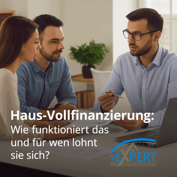 Beratungsgespräch zur Haus-Vollfinanzierung: Ein Finanzberater erklärt einem jungen Paar die Möglichkeiten einer Vollfinanzierung, Expert Baufinanzierung Logo im Vordergrund