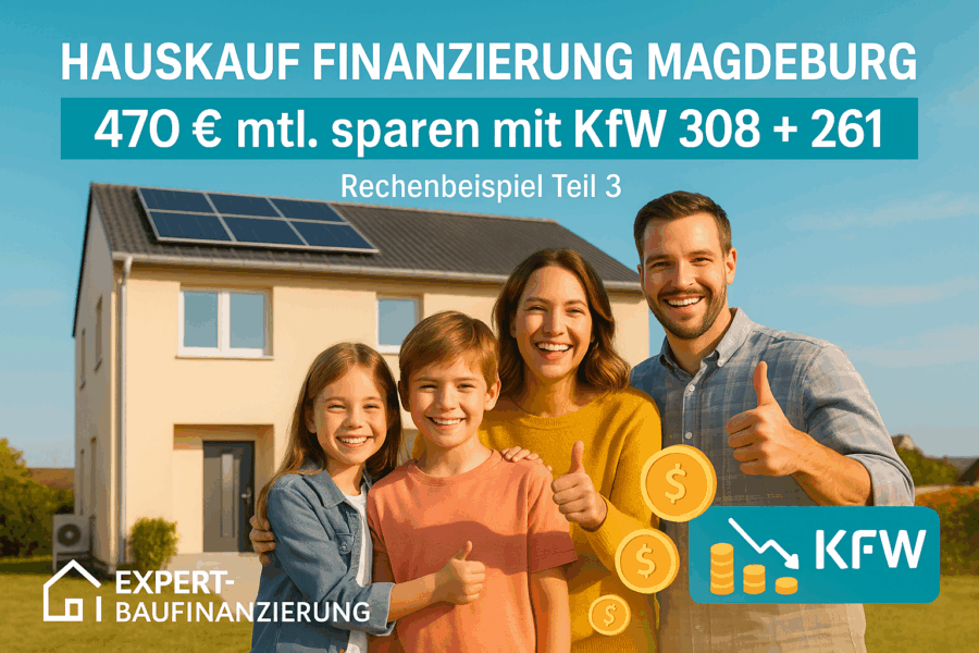 Glückliche Familie steht vor modernem Einfamilienhaus mit Solaranlage und Wärmepumpe. Text: „Hauskauf Finanzierung Magdeburg – 470 € mtl. sparen mit KfW 308 + 261 – Rechenbeispiel Teil 3“.