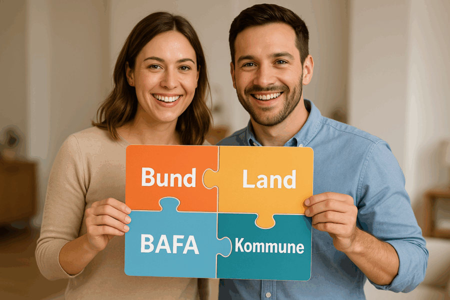 Junges Paar hält ein farbiges Puzzle mit den vier Immobilien Förderquellen Bund, Land, BAFA und Kommune – Darstellung von Zuschüssen und Prämien für Immobilien in Magdeburg und Deutschlandweit.