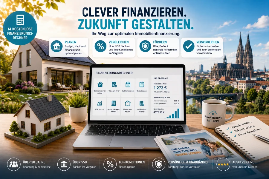 Grafik mit Laptop und Finanzierungsrechner, Hausmodell und den vier Schritten Planen, Vergleichen, Fördern und Verwirklichen für die Immobilienfinanzierung mit über 550 Banken