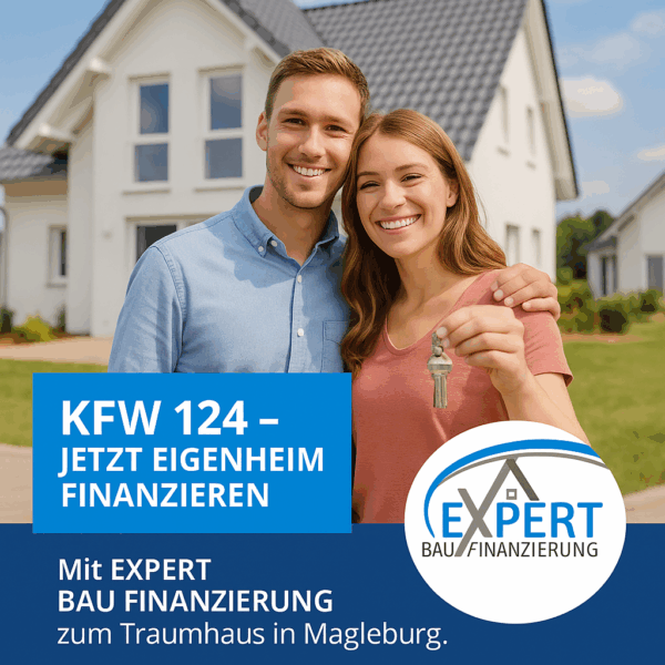 Junges Paar steht vor neuem Eigenheim in Magdeburg, finanziert mit dem KfW 124 Wohneigentumsprogramm und Expert Baufinanzierung