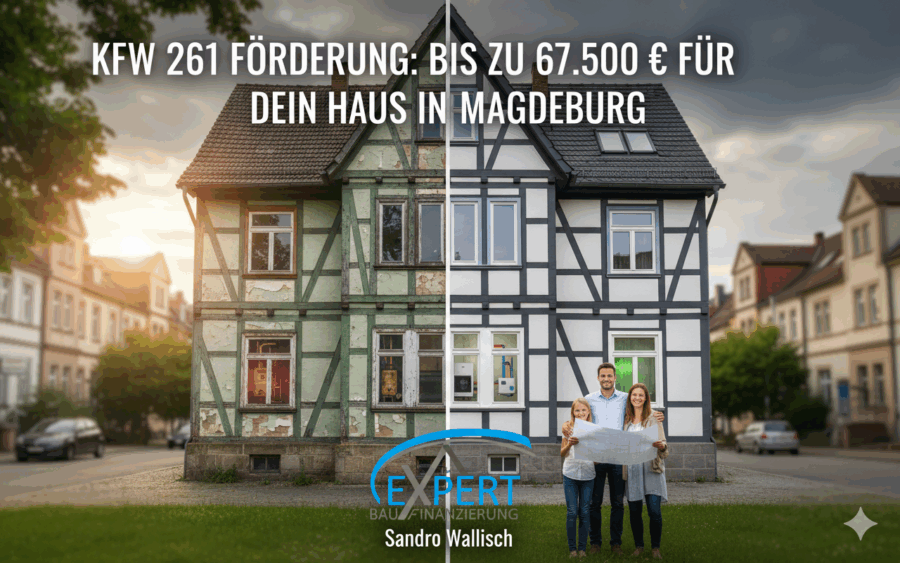 Visualisierung der KfW 261 Förderung: Ein Magdeburger Haus, halb unsaniert, halb fertig saniert, mit glücklichen Hauskäufern und dem Expert-Baufinanzierung Logo. Thema: 67.500 Euro Zuschuss. Visualisierung der KfW 261 Förderung: Ein Magdeburger Haus, halb unsaniert, halb fertig saniert, mit glücklichen Hauskäufern und dem Expert-Baufinanzierung Logo. Thema: 67.500 Euro Zuschuss.
