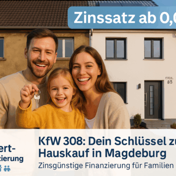 Junge Familie steht vor einem halb sanierten Reihenhaus in Magdeburg, das links unsaniert und rechts modernisiert ist. Aufschrift „Zinssatz ab 0,01 %“. Im Hintergrund der Magdeburger Dom.
