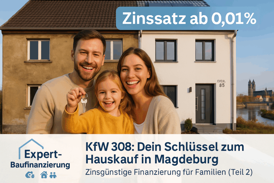 Junge Familie steht vor einem halb sanierten Reihenhaus in Magdeburg, das links unsaniert und rechts modernisiert ist. Aufschrift „Zinssatz ab 0,01 %“. Im Hintergrund der Magdeburger Dom.
