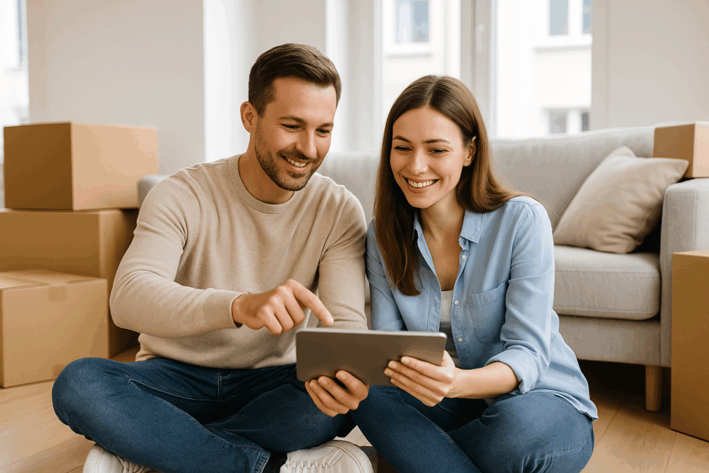 Modernes Paar sitzt in einer Stadtwohnung zwischen Umzugskartons und sucht am Tablet nach Immobilien oder Grundrissen.