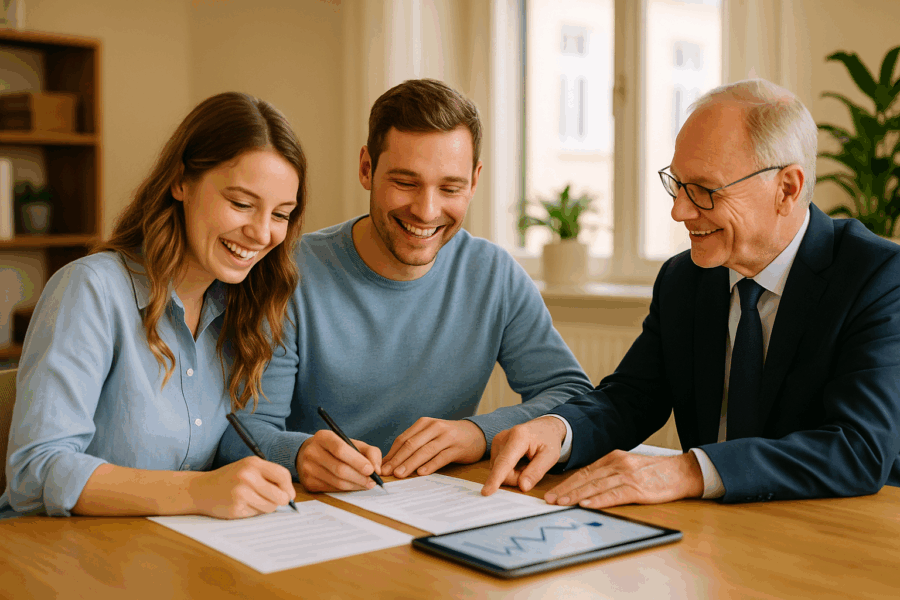 Notar und Grundbuchdokumente zur Eintragung der Hypothek für die Baufinanzierung