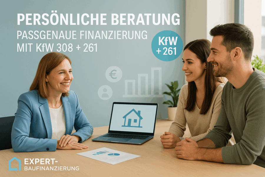 Finanzberaterin sitzt mit jungem Paar in modernem Büro und bespricht eine Baufinanzierung. Auf dem Laptop ist ein Haus-Symbol zu sehen, im Hintergrund steht der Text „Persönliche Beratung – passgenaue Finanzierung mit KfW 308 + 261“.