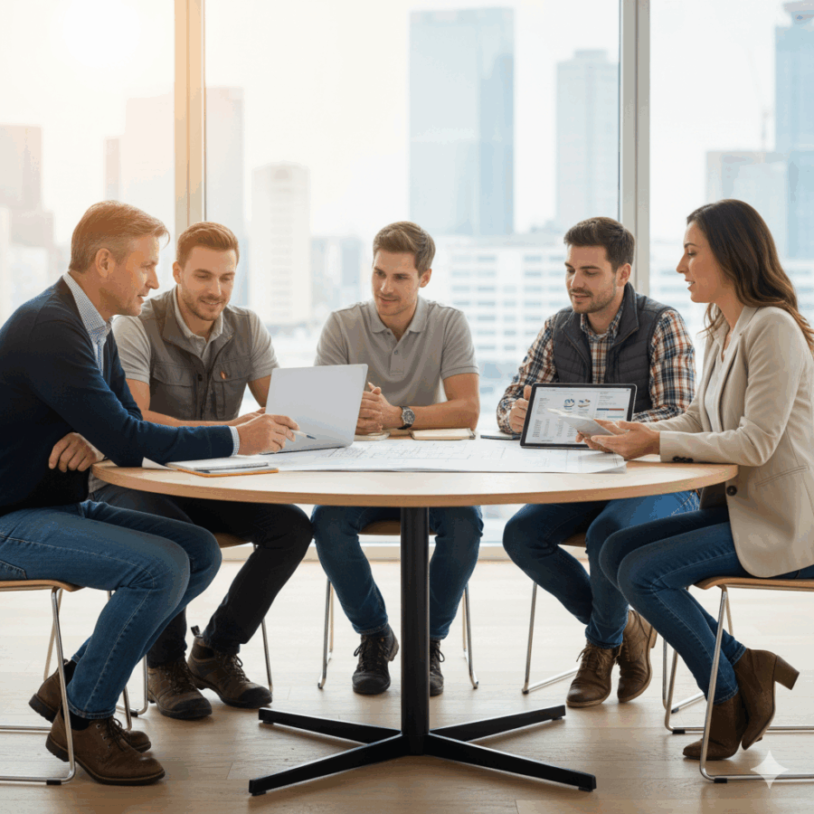 Experte der Expert-Baufinanzierung berät ein Paar zur Kostenplanung einer Sanierung, um eine teure Nachfinanzierung zu vermeiden.