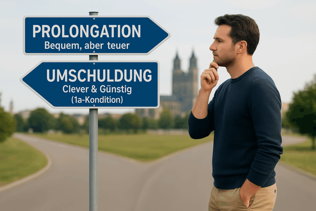 Mann steht nachdenklich an einer Weggabelung vor zwei Schildern: „Prolongation – Bequem, aber teuer“ und „Umschuldung – Clever & Günstig (1a-Kondition)“. Im Hintergrund ist dezent der Magdeburger Dom zu sehen.