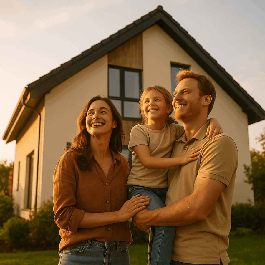 Glückliche Familie vor dem Eigenheim - Schützen Sie diesen Traum