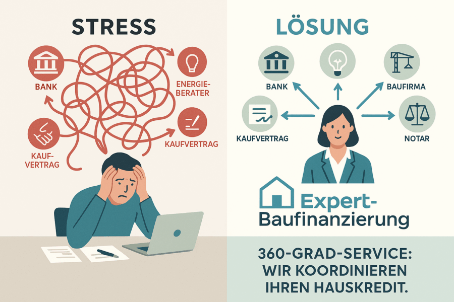 nfografik zeigt den Unterschied zwischen Stress und Lösung beim Hauskauf: links ein überforderter Mann mit chaotischen roten Pfeilen und Symbolen, rechts eine Beraterin von Expert-Baufinanzierung mit klar geordneten blauen Pfeilen zu Bank, Notar, Baufirma und Energieberater.