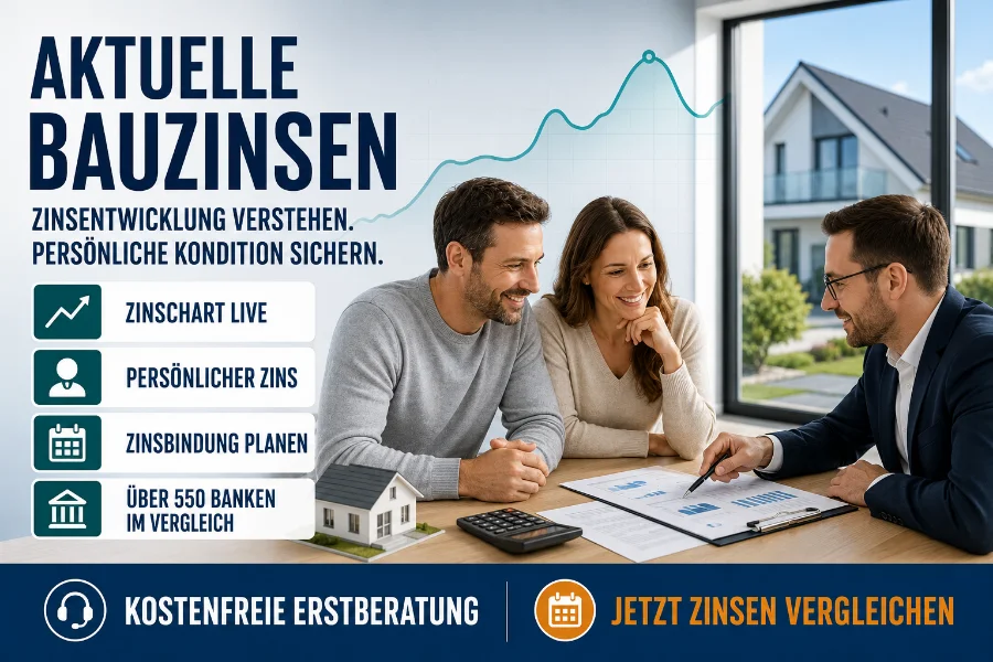 Paar und Baufinanzierungsberater analysieren die Zinsentwicklung mit Hausmodell, Finanzierungsunterlagen und Vergleich von über 550 Banken.