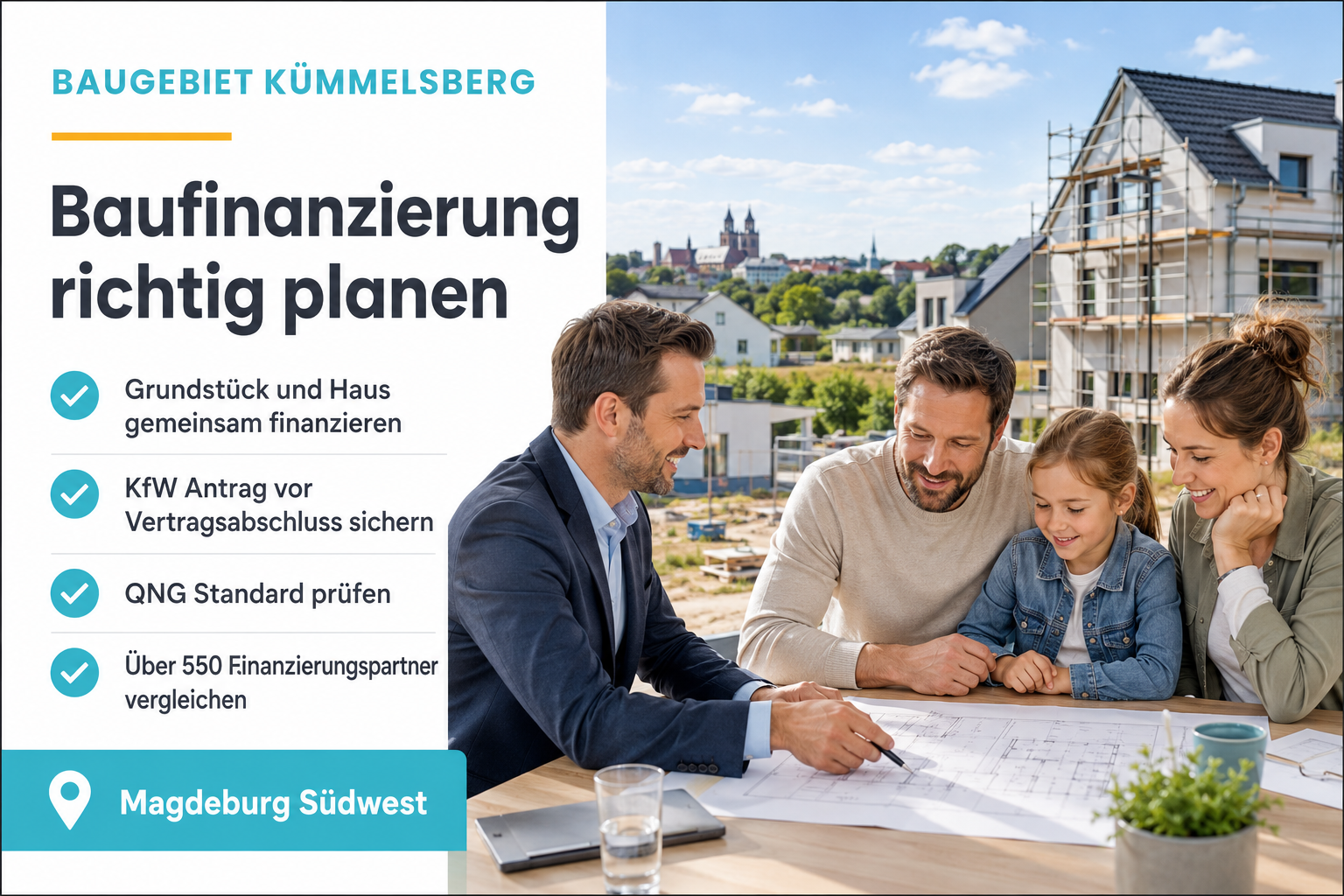 Beratung zur Baufinanzierung im Baugebiet Kümmelsberg Magdeburg, Ortsteile Stadtfeld West und Diesdorf: Grundstück und Haus gemeinsam finanzieren, KfW-Antrag vor Vertragsabschluss sichern, QNG-Standard prüfen, über 550 Finanzierungspartner vergleichen