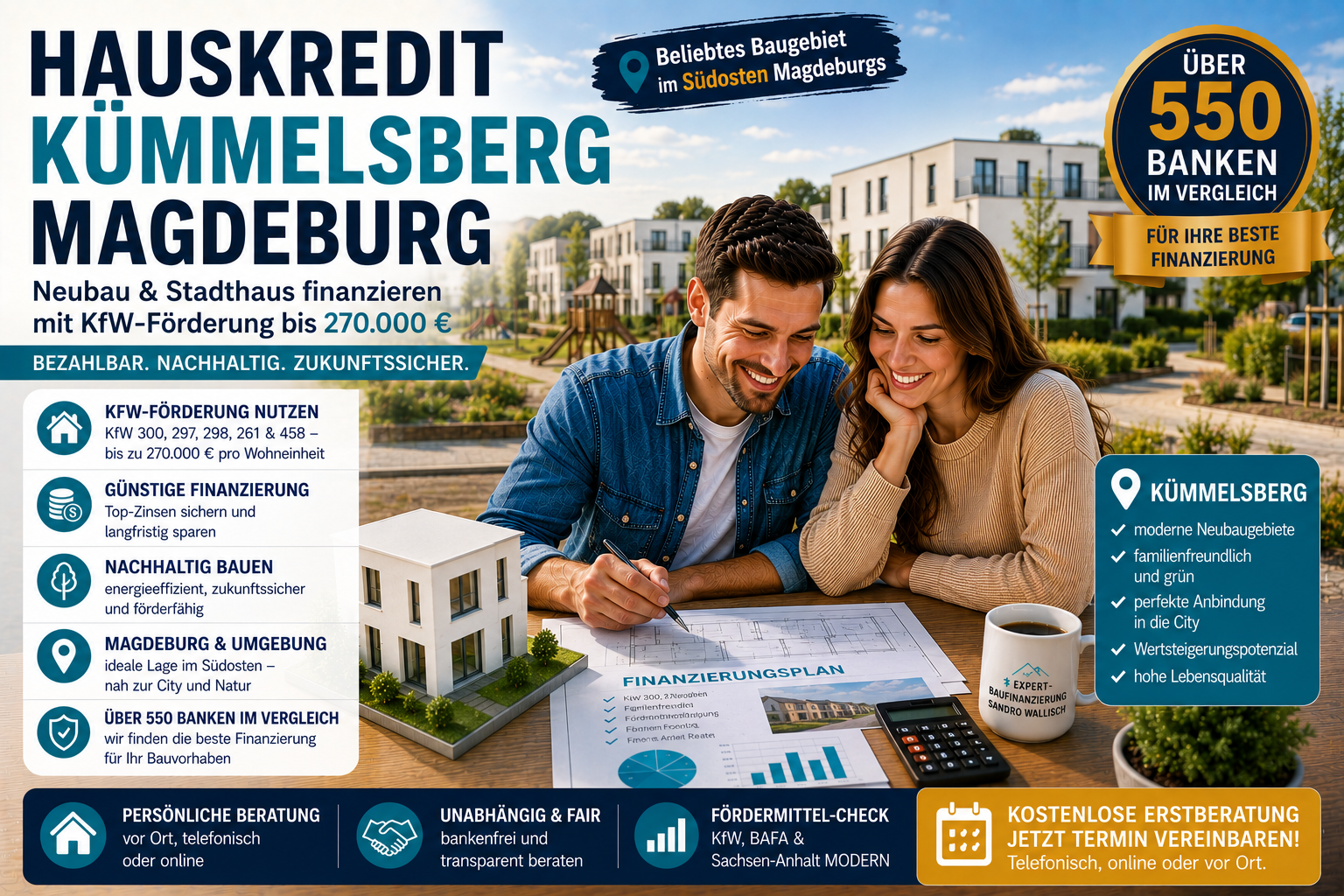 Baugebiet Kümmelsberg Magdeburg: Neubau und Stadthaus finanzieren mit KfW 300 und KfW 297/298, unabhängiger Vergleich aus 550 Banken