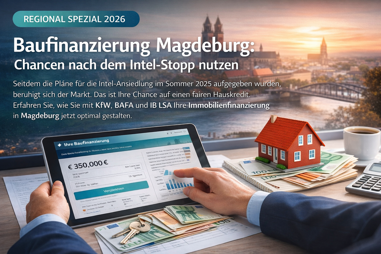 Infografik Baufinanzierung Magdeburg 2026: Chancen nach Intel Stopp und Fördermittel Mix