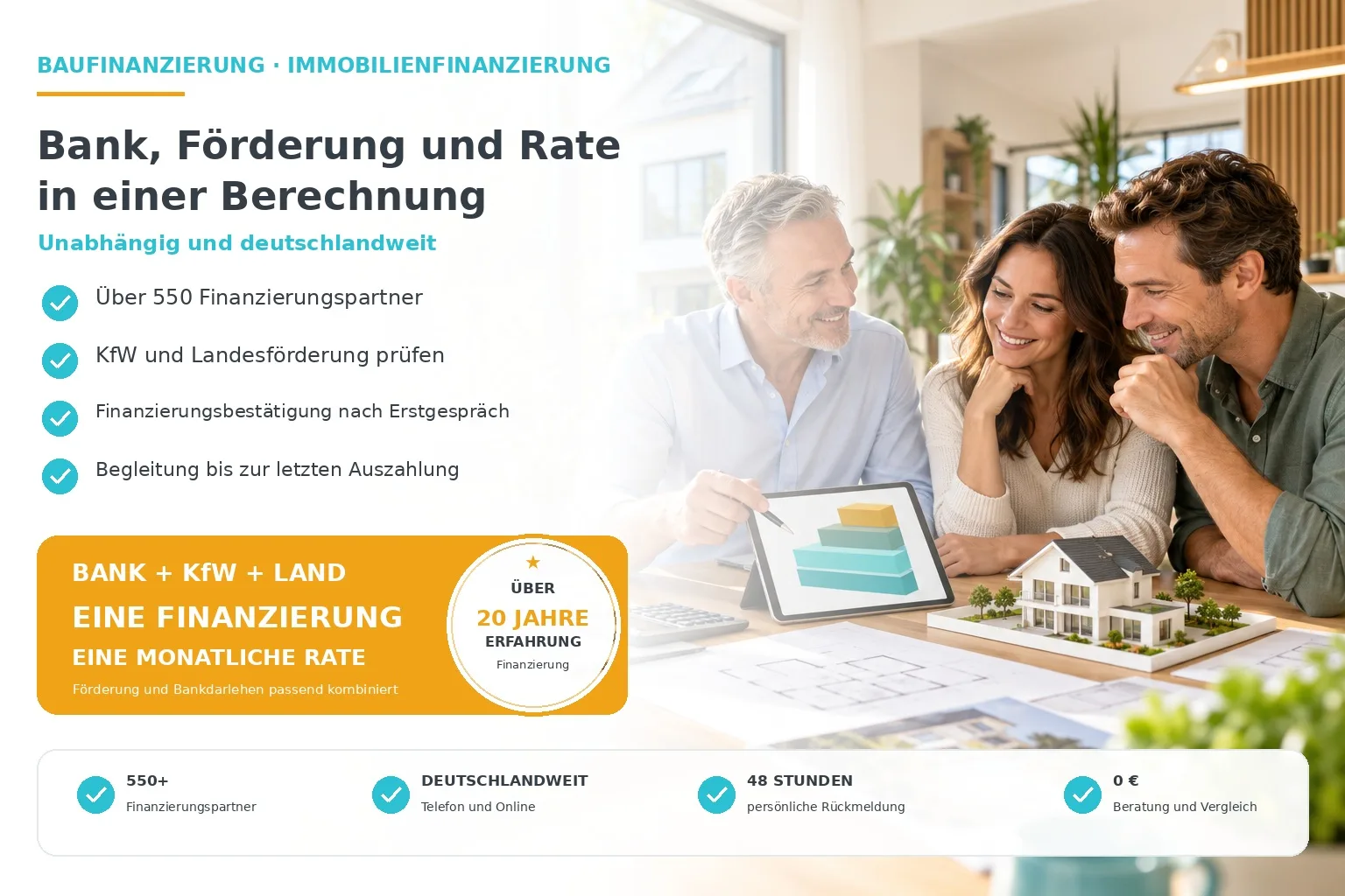 Baufinanzierung mit Förderung: Paar bespricht mit dem Berater am Tablet die Finanzierung aus Bankdarlehen, KfW und Landesförderung, mit Hausmodell und Bauplan. Über 550 Finanzierungspartner, unabhängig und deutschlandweit