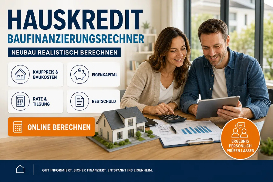 Paar berechnet mit Hausmodell, Tablet und Taschenrechner Baukosten, Eigenkapital, Monatsrate, Tilgung und Restschuld einer Baufinanzierung.