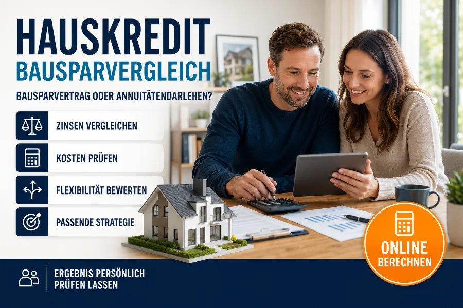 Paar vergleicht Bausparvertrag und Annuitätendarlehen anhand von Monatsrate, Laufzeit, Zinsen und Gesamtkosten.