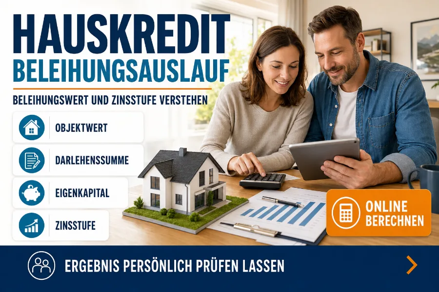 Paar berechnet den Beleihungsauslauf aus Beleihungswert, Darlehenssumme und Eigenkapital für eine Immobilienfinanzierung.