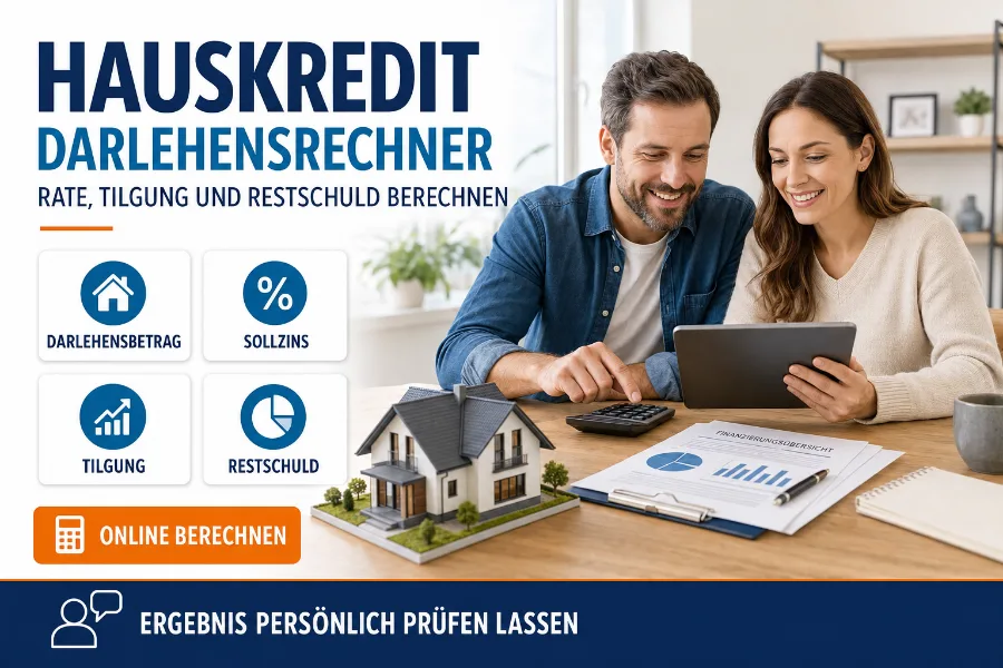 Paar nutzt einen Darlehensrechner für Kreditbetrag, Sollzins, Tilgung, monatliche Rate, Laufzeit und Restschuld.