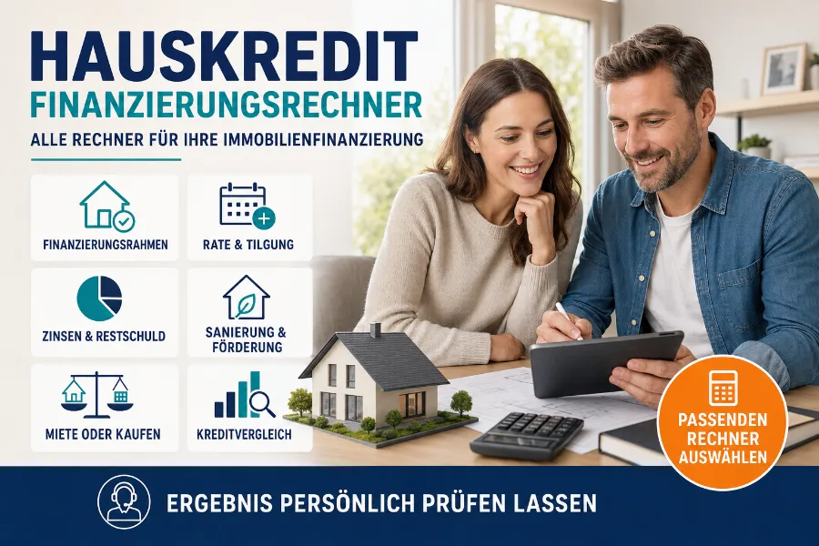 Übersicht verschiedener Finanzierungsrechner für Hauskauf, Immobilienkredit, Darlehen, Modernisierung und Ratenkredit.