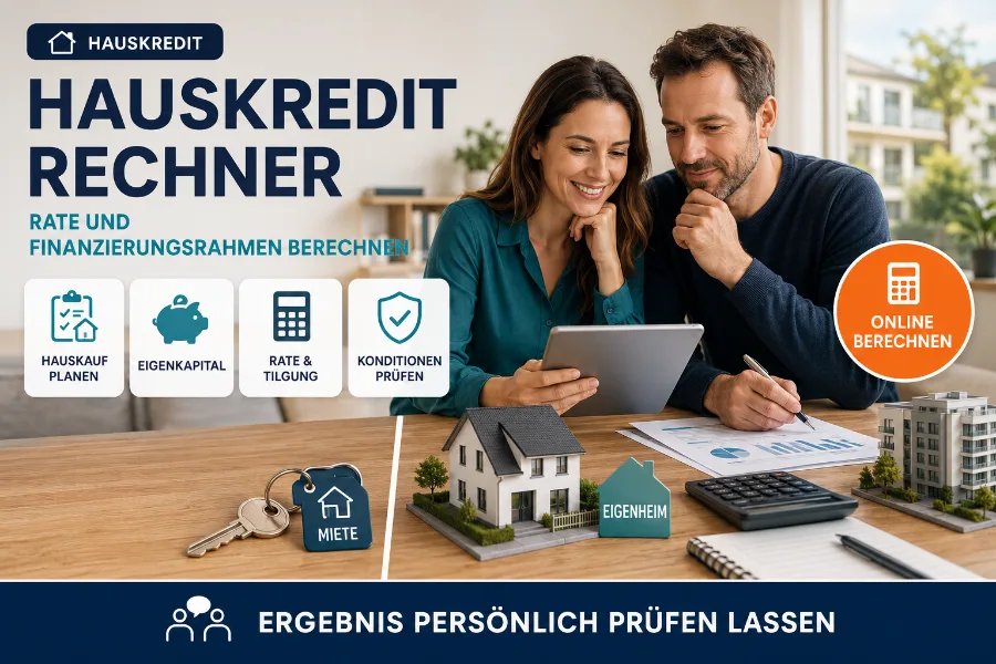 Paar berechnet mit Hausmodell und Tablet Darlehensbetrag, Eigenkapital, Monatsrate, Tilgung und Restschuld eines Hauskredits.
