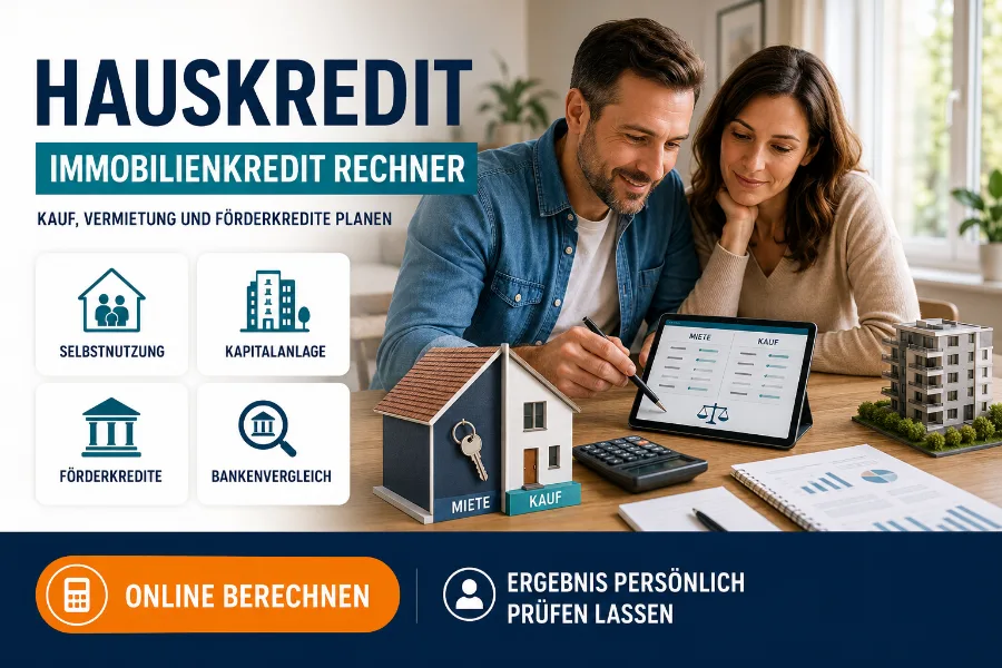 Paar berechnet einen Immobilienkredit für Eigenheim oder Eigentumswohnung mit Eigenkapital, Förderdarlehen, Rate und Laufzeit.
