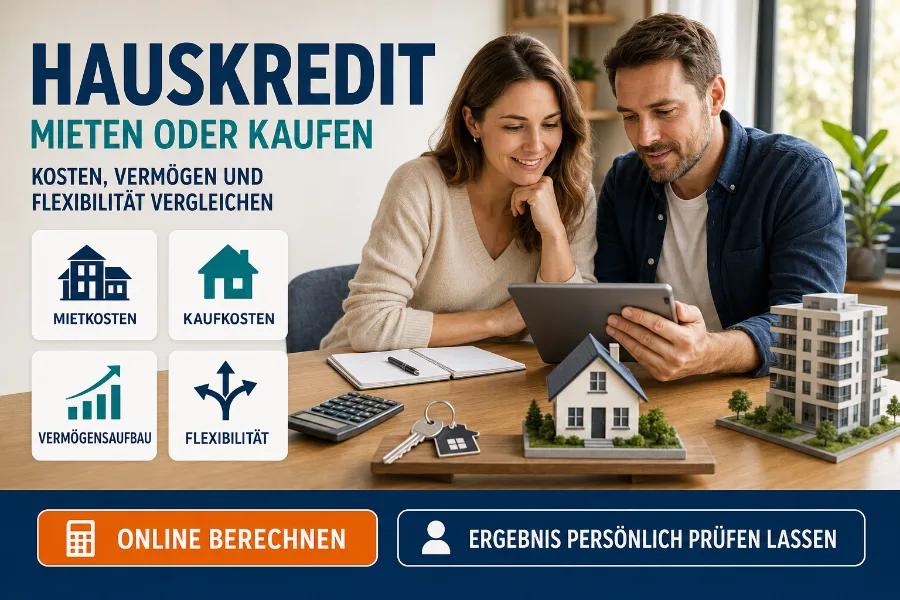 Paar vergleicht Mieten und Kaufen anhand von Wohnkosten, Finanzierung und Vermögensentwicklung.