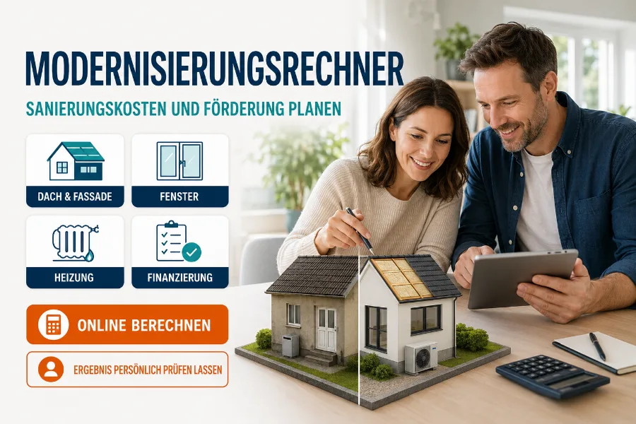 Paar plant mit einem Modernisierungsrechner Kosten und Finanzierung für Dach, Fassade, Fenster und Heizung.