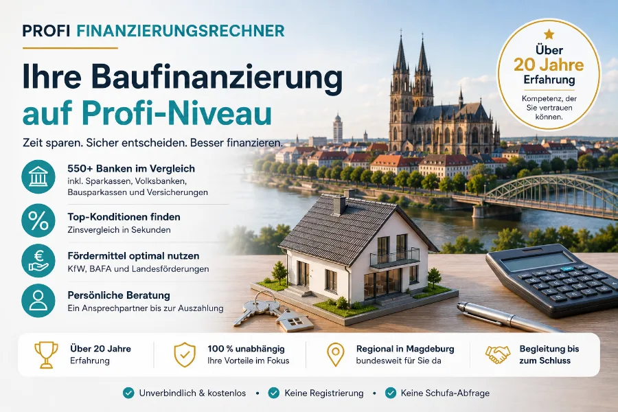 Profi Finanzierungsrechner von Finanzierung mit Kopf vor der Silhouette von Magdeburg, mit Hausmodell, Taschenrechner und Schlüssel, dazu über 550 Banken im Vergleich sowie KfW, BAFA und Landesförderungen.
