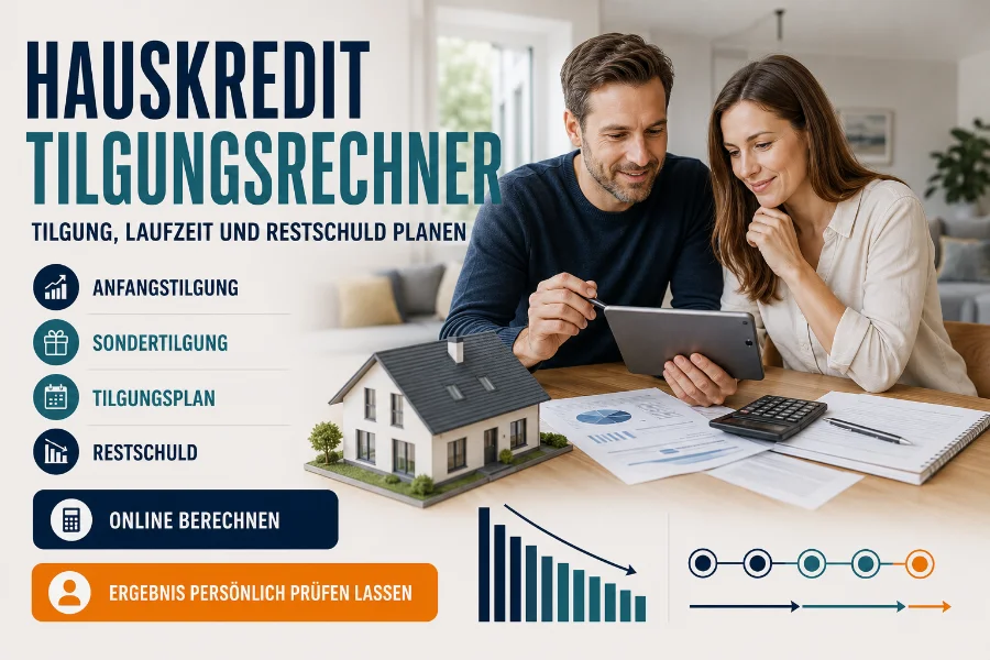 Paar berechnet mit Tablet, Taschenrechner und Hausmodell Anfangstilgung, Sondertilgung, Tilgungsplan und Restschuld eines Immobiliendarlehens.