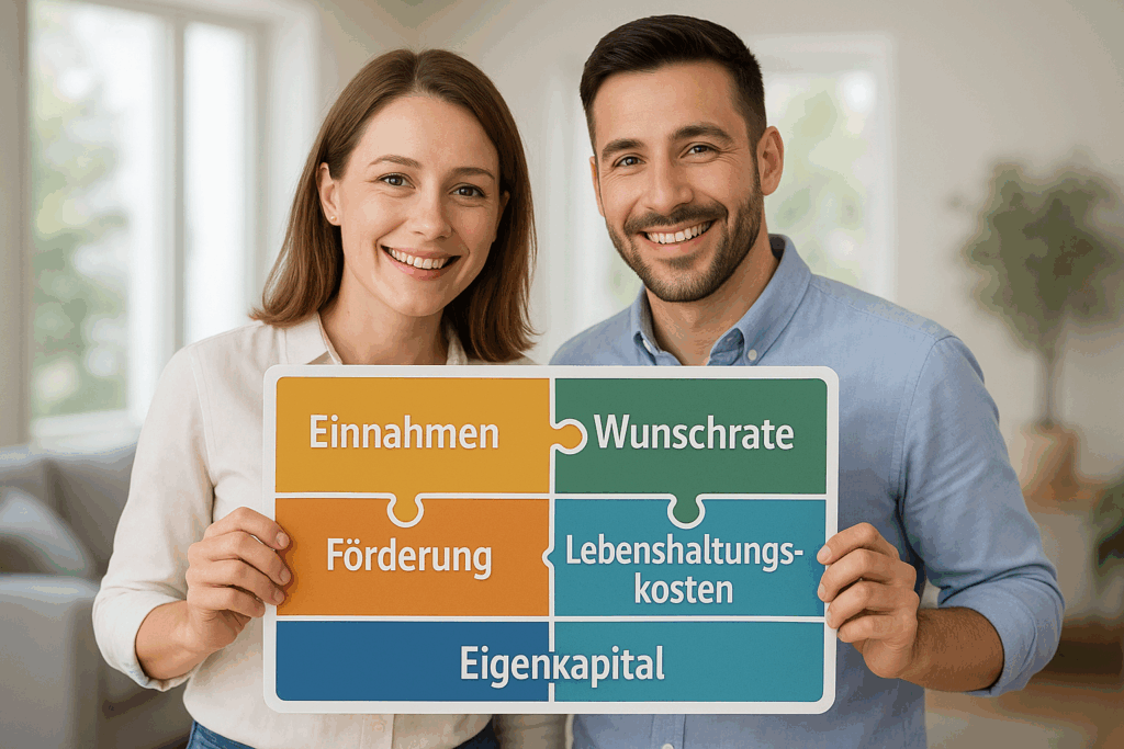 Junges Paar hält ein farbiges Puzzle mit den fünf wichtigsten Faktoren zur Budget-Ermittlung für die Immobilienfinanzierung: Einnahmen, Wunschrate, Förderung, Lebenshaltungskosten und Eigenkapital – ideal für Finanzierungsberatung in Magdeburg und Deutschlandweit.