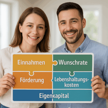 Junges Paar hält ein farbiges Puzzle mit den fünf wichtigsten Faktoren zur Budget-Ermittlung für die Immobilienfinanzierung: Einnahmen, Wunschrate, Förderung, Lebenshaltungskosten und Eigenkapital – ideal für Finanzierungsberatung in Magdeburg und Deutschlandweit.