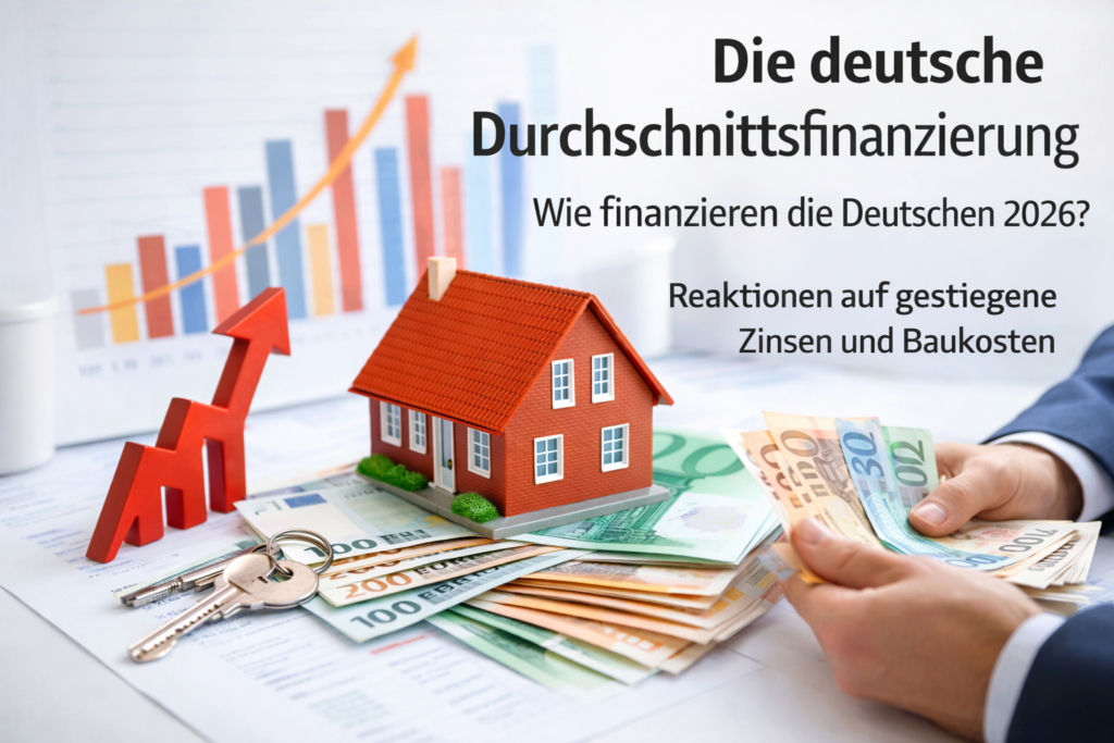 Modellhaus auf Euro-Scheinen mit Schlüssel und steigendem Trendpfeil als Symbol für Baufinanzierung 2026, Zinsen, Tilgung und Zinsbindung in Deutschland