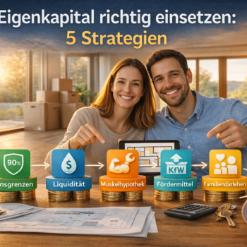 Paar plant Hauskauf und zeigt 5 Eigenkapital-Strategien für Immobilienfinanzierung 2026