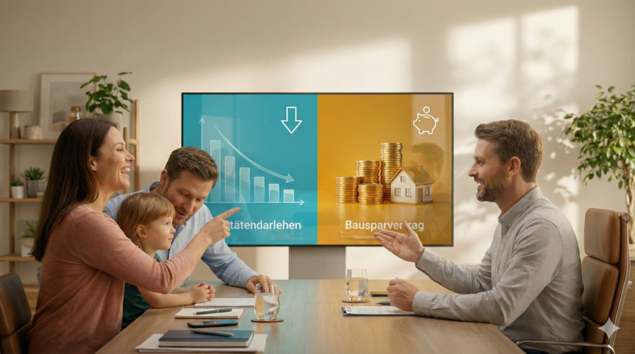 Familie beim Finanzierungsvergleich: Annuitätendarlehen oder Bausparvertrag wählen