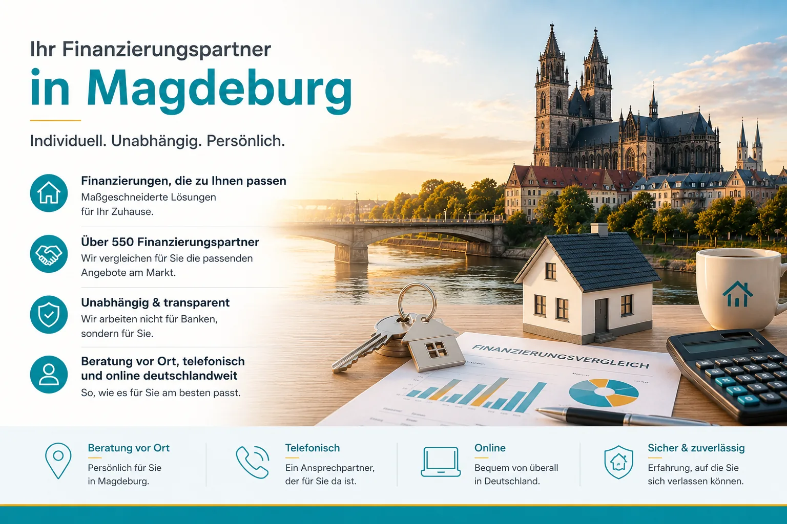 Grafik mit Magdeburger Dom, Hausmodell, Schlüssel und Finanzierungsvergleich: Ihr Finanzierungspartner in Magdeburg mit über 550 Finanzierungspartnern, unabhängig und deutschlandweit
