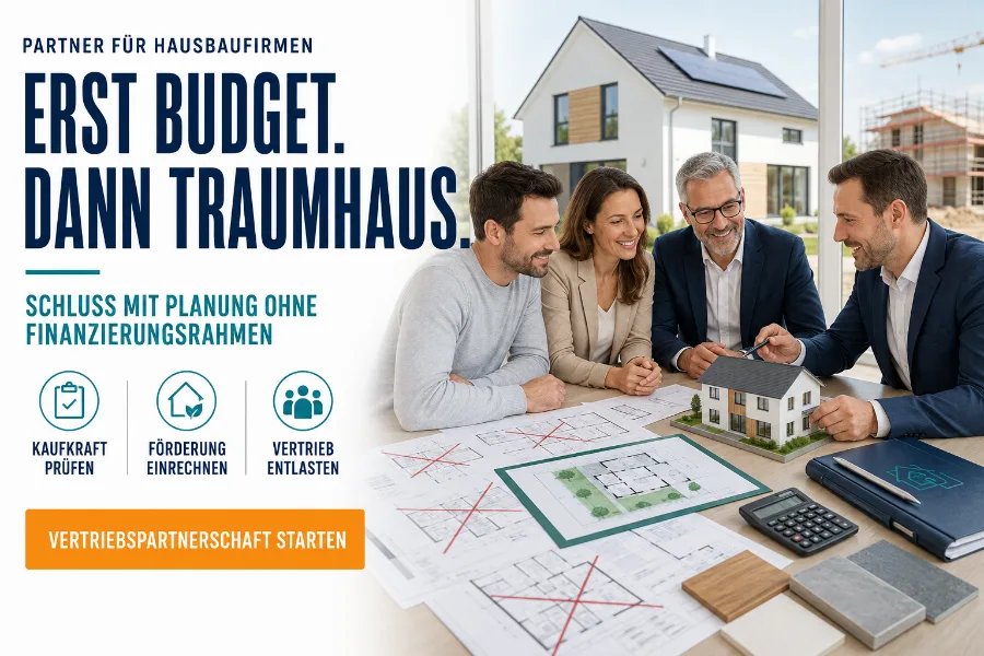 Grafik für Hausbaufirmen: Erst Budget, dann Traumhaus. Kaufkraft prüfen, Förderung einrechnen, Vertrieb entlasten, daneben Beratungsszene mit Bauherrenpaar und Hausmodell.