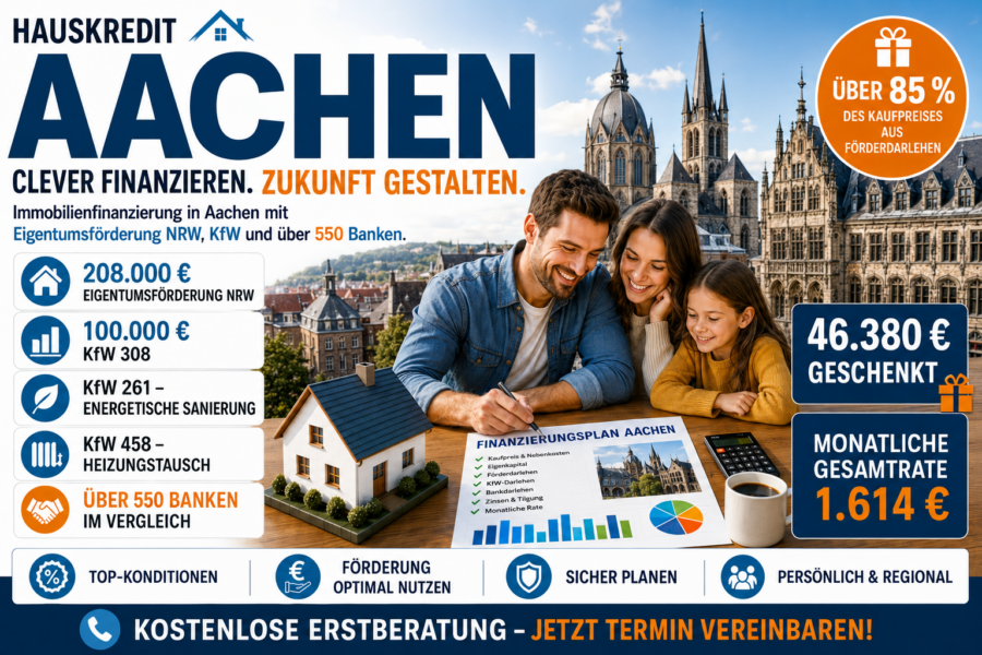 Hauskredit Aachen. Immobilienfinanzierung mit KfW 308 und Eigentumsförderung NRW für Häuser in der Kaiserstadt