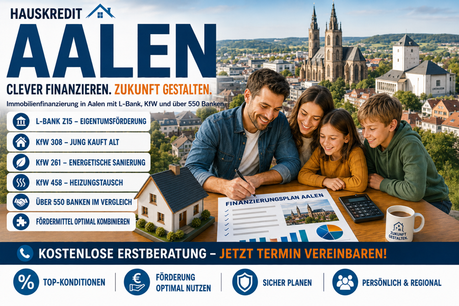 Hauskredit Aalen. Immobilienfinanzierung mit Z15 der L-Bank, KfW-Förderung und 550 Banken im Vergleich