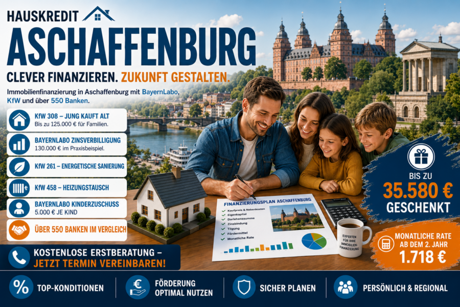 Hauskredit Aschaffenburg. Immobilienfinanzierung mit KfW 308 und BayernLabo-Darlehen für Häuser am bayerischen Untermain